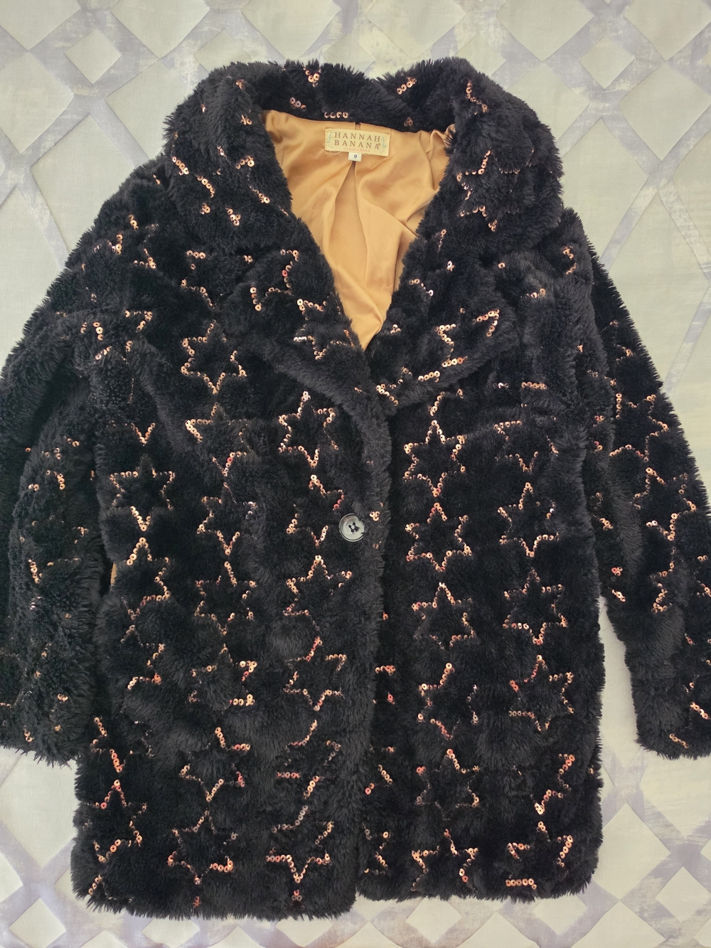 Hannah Banana Black Faux Fur Sequin Star Coat, Size 8